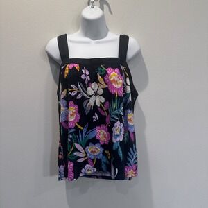 NWT C&C California Floral Linen Lyocell Tank‎ Top Square Tie Shoulder Black L